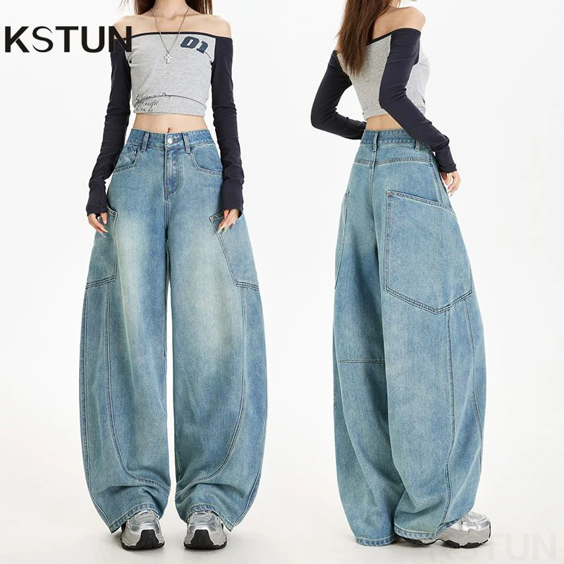 

KSTUN женские джинсы с высокой талией, широкие мешковатые американские винтажные потертые джинсовые брюки, джинсы с большими карманами и изогнутыми ножками, свободный крой