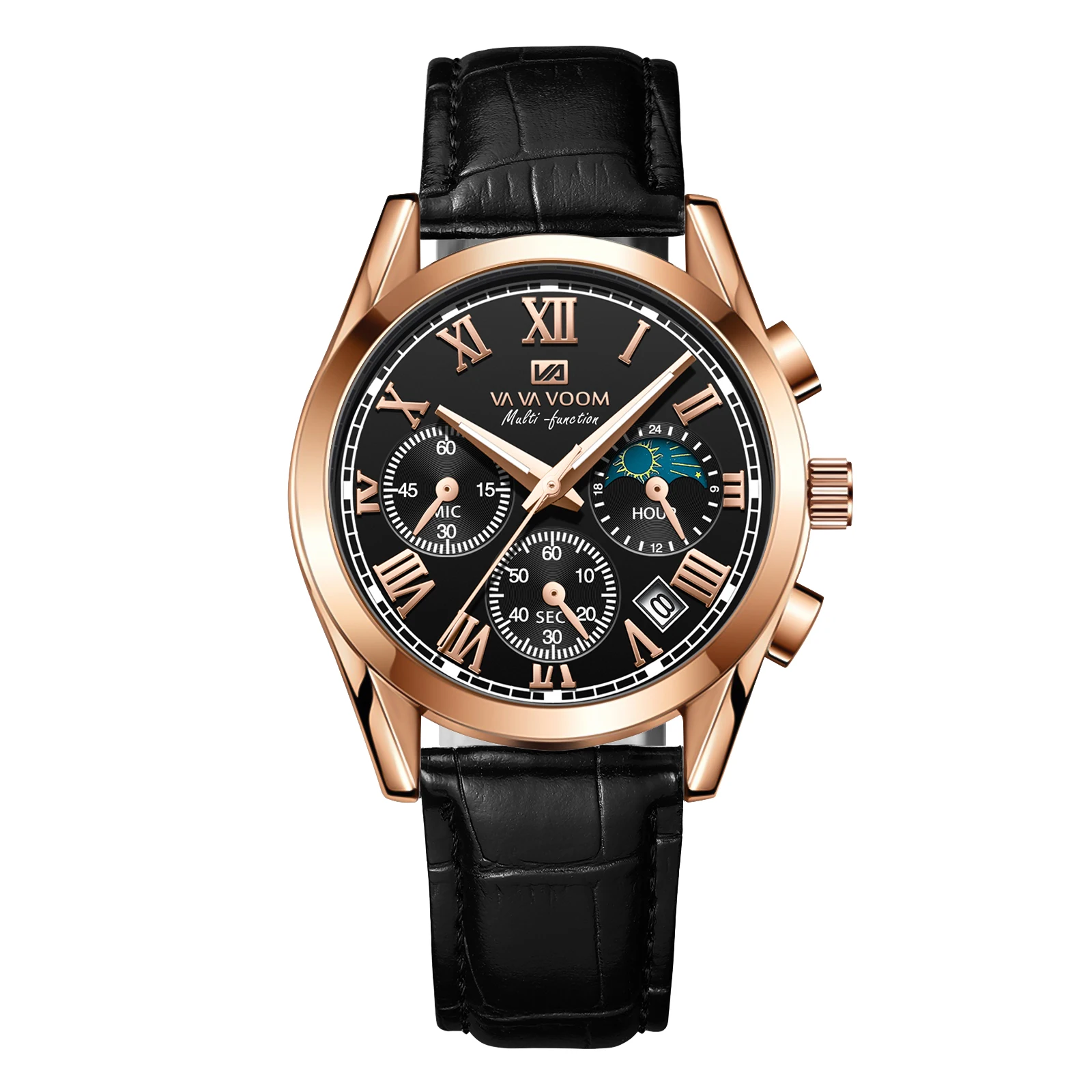Men Watch Leather Strap 40mm Multifunctional Chronograph Business Gorgeous 3Bar Waterproof Gift Quartz Wristwatch Reloj Hombre