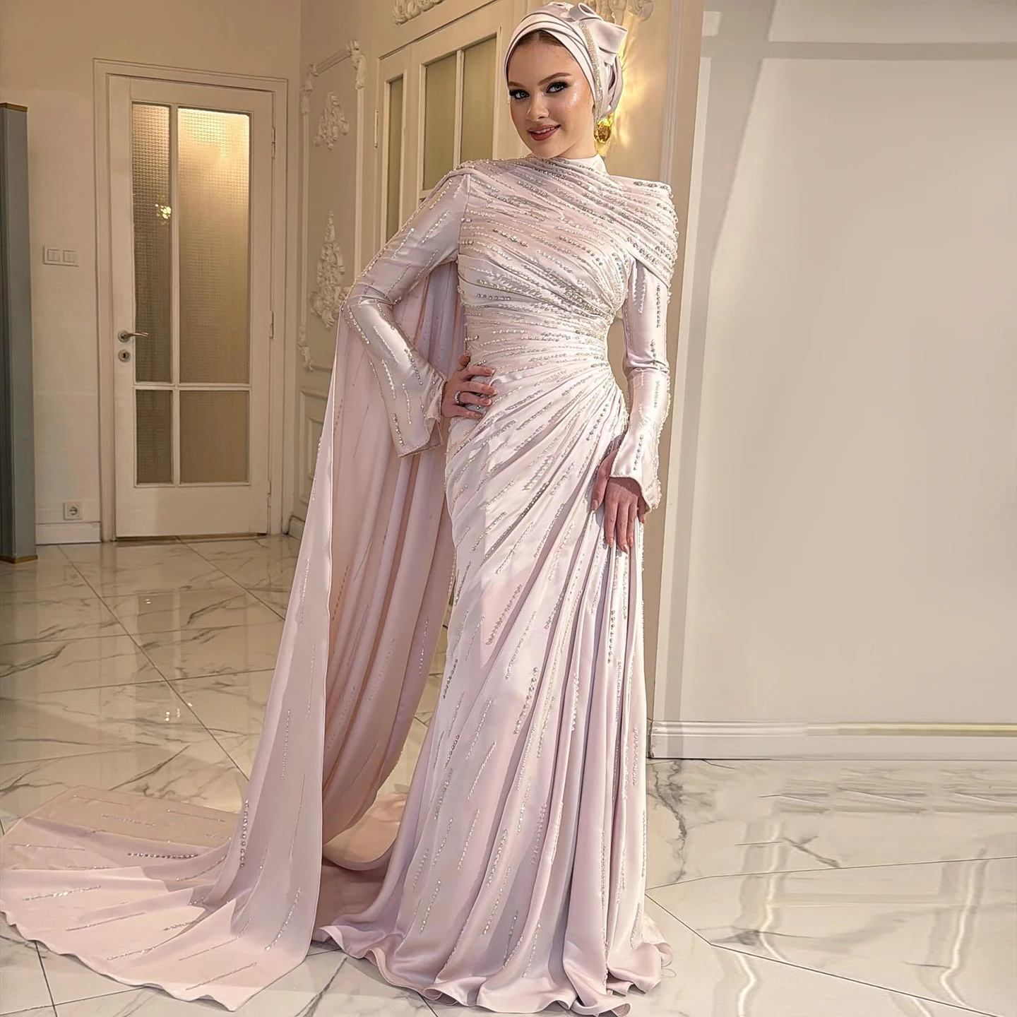 

Sharon Said Muslim Pink Long Sleeve Mermaid Evening Dress With Side Cape Draped Beaded Women Party Prom Dresses SS412 Customized