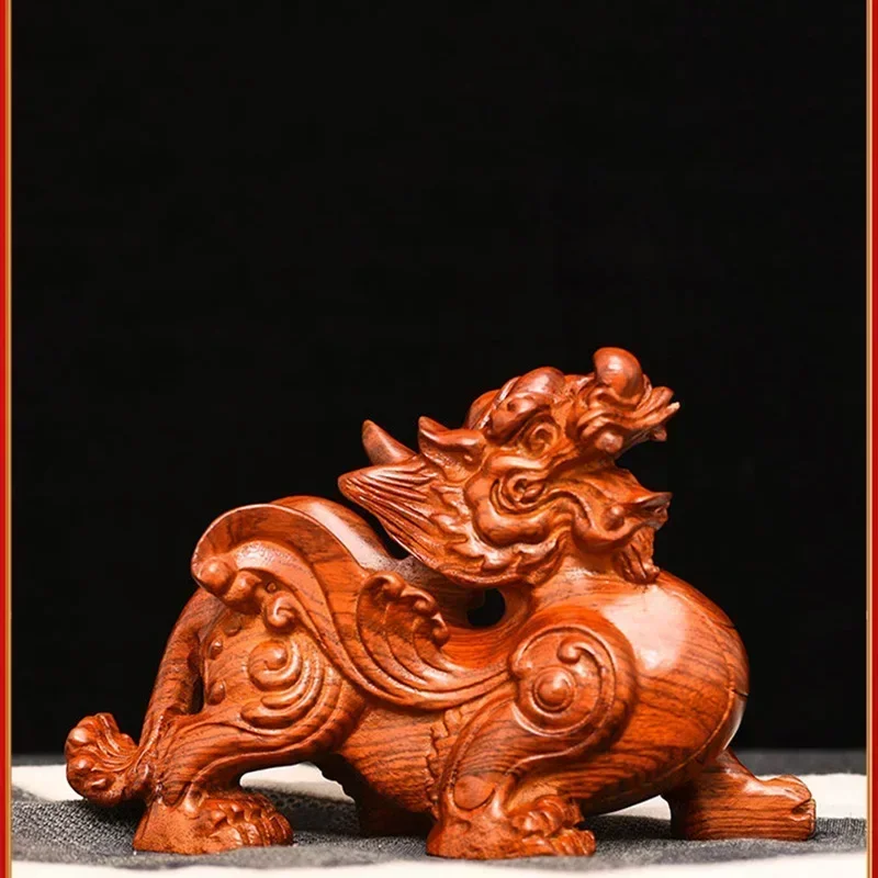 Solid Wood Carving Mascot pixiu Ornament Chinese lucky beast Home Living Room Bedroom Office Decoration Crafts