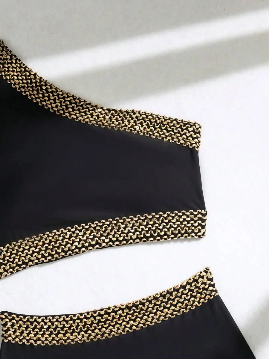 

One Shoulder Woven Strap High Waisted Two Piece Swimsuit Black