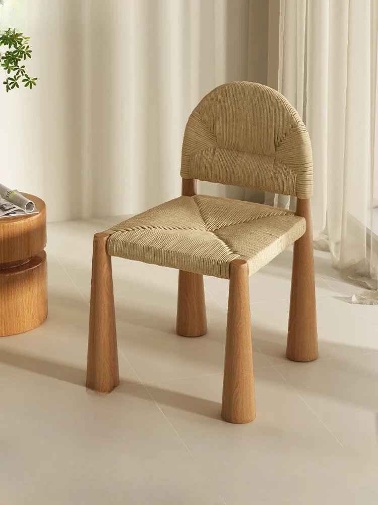 Minimalist cream style designer style retro solid wood rattan chair rope woven single back dining chair Silent style furniture