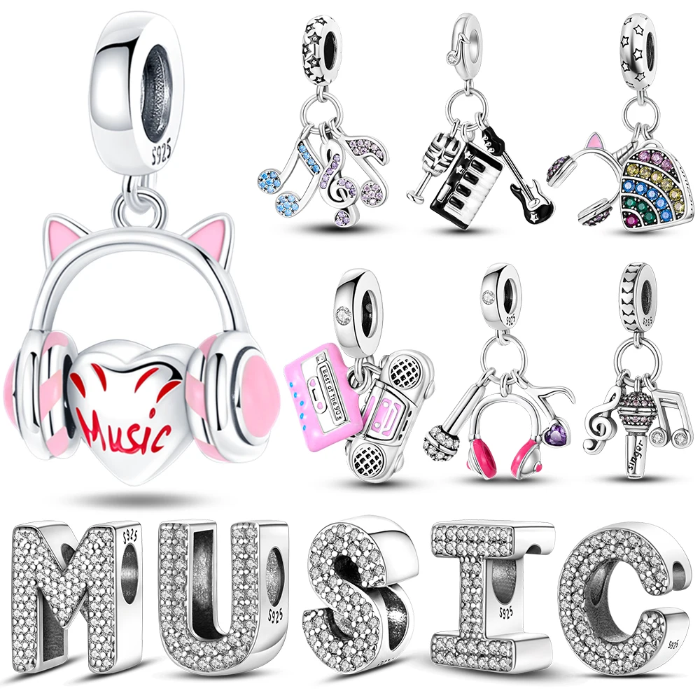 925 Silver Charm Music Notes Headset Beads Pendent Dangle Fit Original Bangle Charms Bracelet Necklace Fine DIY Jewelry Gift