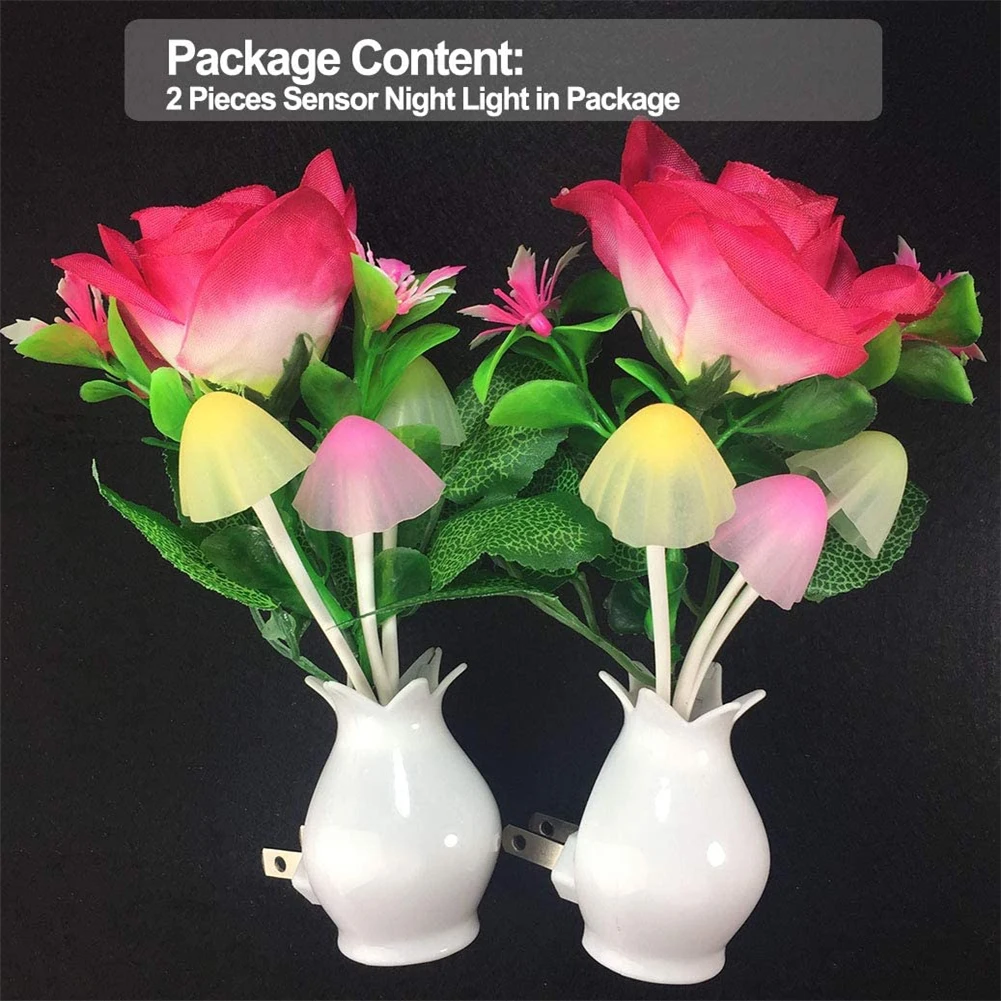 Led Night Light With Sensor Plug-in Auto Switch Rose Flower Mushroom Night Lamp Wall Light