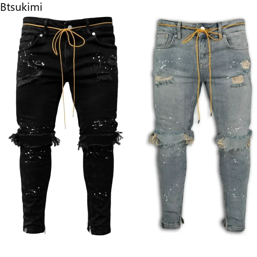 2025 Men Hip Hop Streetwear Fashion Ripped Hole Jeans Retro Slim Pencil Pants Casual Distressed Denim Pants Male Skinny Trousers