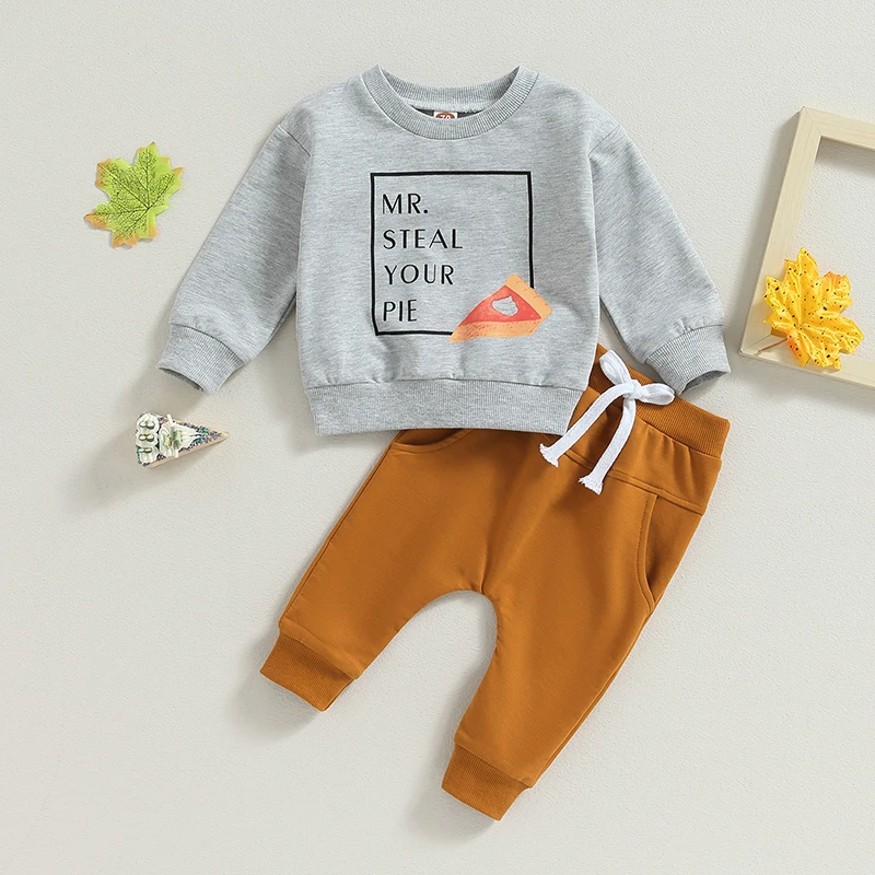 Infant Boy Autumn Outfits Cozy Long Sleeve Pie Letter Print Sweatshirt and Pants Set Toddler Winter Clothing Ensemble