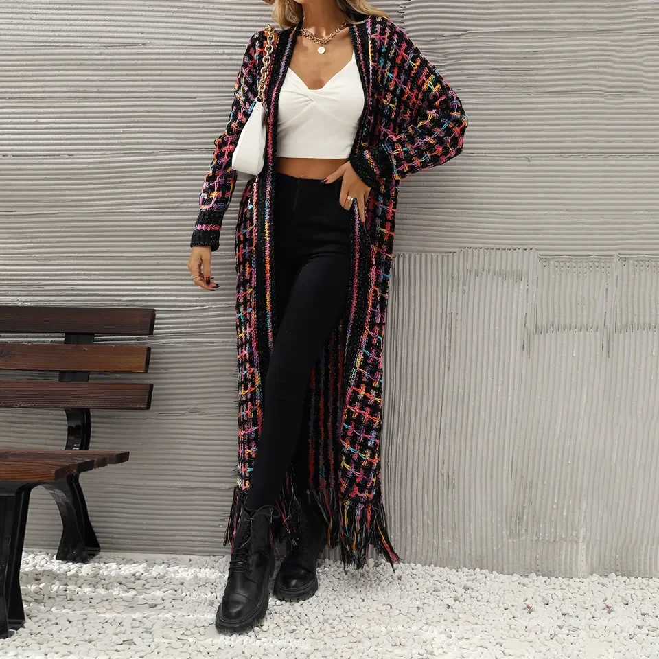 

Women Colorful Cardigan Long Sleeve Knitted Open Front Loose Warm Sweater Coat with Tassel Floor Length Autumn Winter Jackets