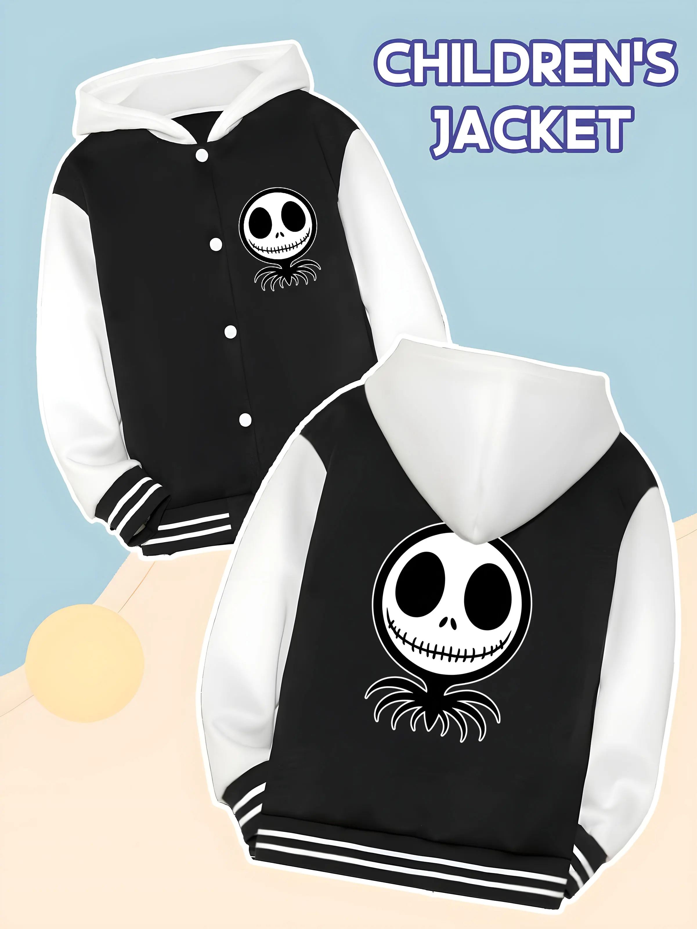 

MINISO Disney Nightmare Before Christmas themed children's baseball jacket for boys - Jack skull print,versatile and fashionable