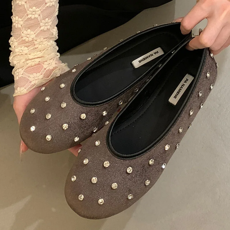 Fashion Crystal Luxury Female Shallow Footwear Slides Women Ballet Flats Dance Shoes Rhinestones Silk Ladies Flats With Shoes