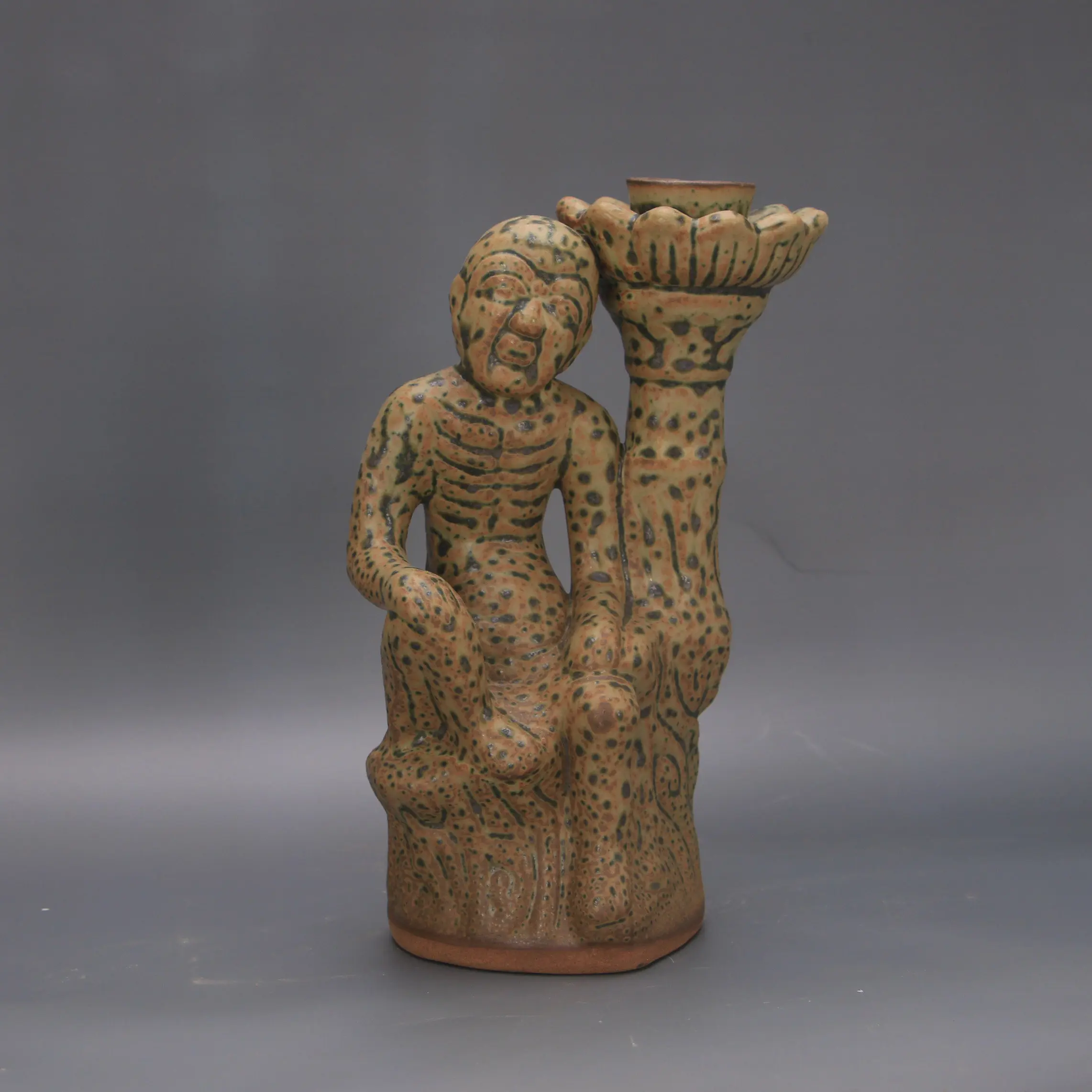 Yue Ware Celadon Hand Sculpted Figure Oil Lamp Retro Folk Art Vintage Porcelain Home Decor Collectible