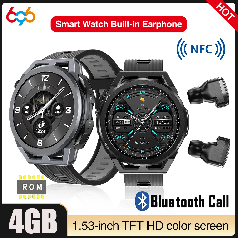 

New 2 In 1 Headset Blue Tooth Call Smart Watch ENC Noise Reduction Earphone 4GB Memory Music Sports Men Women NFC Smartwatch