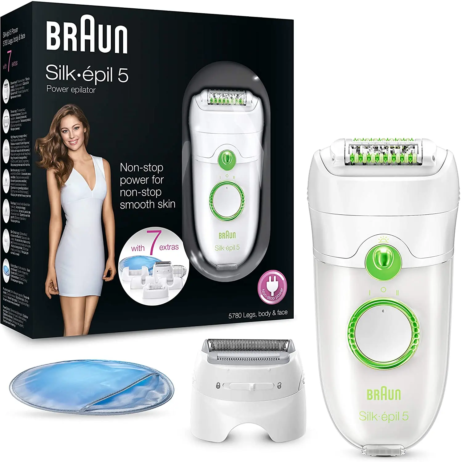 Braun Silk-Epil 5 Power 5780 Epilator Hair Removal with 7 Extras Including Shaver Head -Trimmer Cap White Green bodysuit kadın