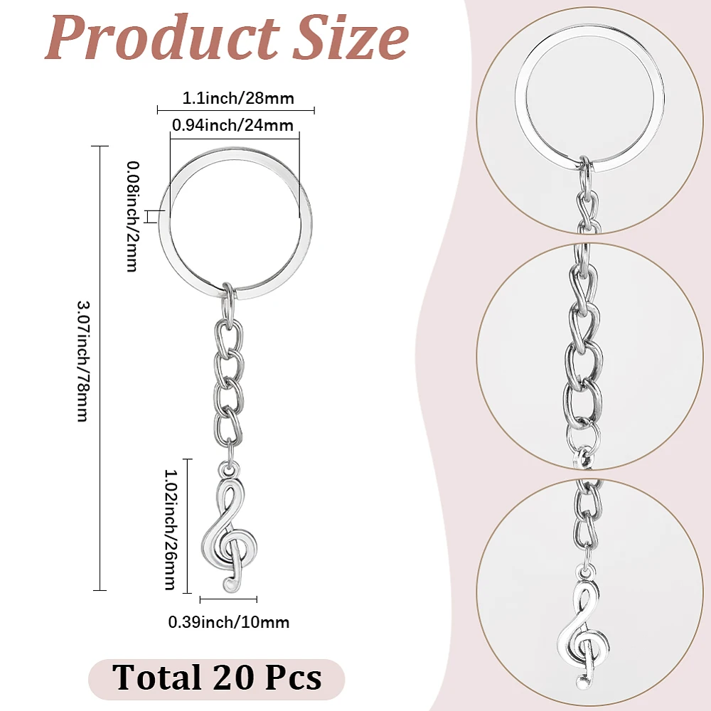1 Box 20Pcs Musical Note Keychains Bulk Music Keychain Set Alloy Silver Voice Sign Keyring Small Pack Music Keychains for Party