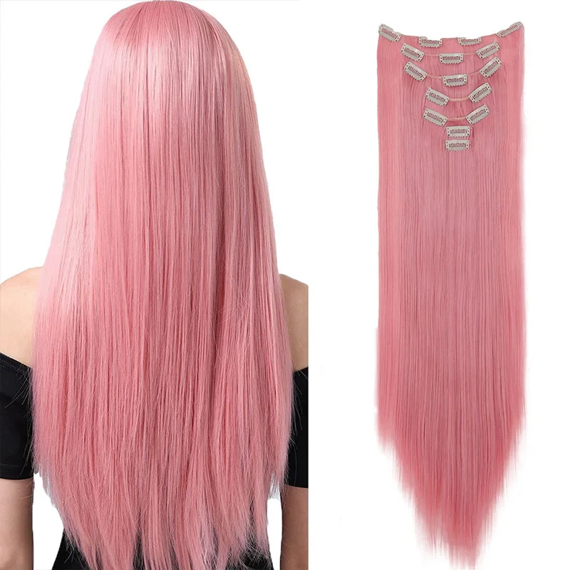 

7 зажимов для наращивания волос, длинная прямая прическа, розовая, 60 см, натуральные синтетические волосы, шиньон для ежедневного использования для женщин
