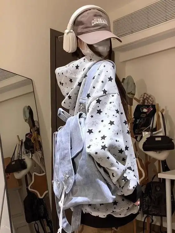 

Женский кардиган на молнии с капюшоном и звездным принтом для ранней осени, в американском стиле, с длинными рукавами, для повседневной носки, длинное пальто