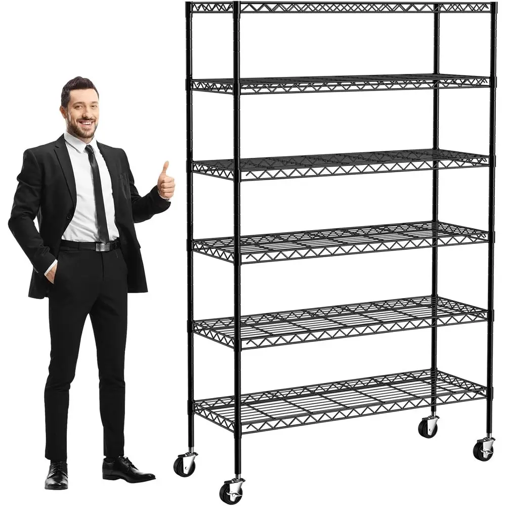 

6-ярусные металлические стеллажи для хранения, 45x18x82, грузоподъемность 2100 фунтов, регулируемые полки с колесами для гаража или подвала, черные
