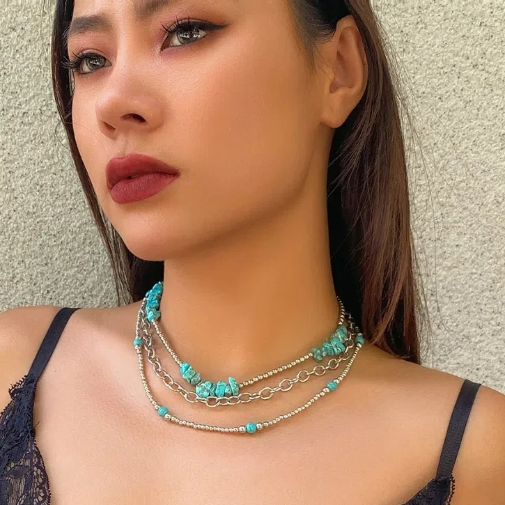 3pcs/set Beads Western Country Necklaces Clavicle Chain Ethnic Style Multilayer Turquoise Chain Trendy Versatile Beach Chokers