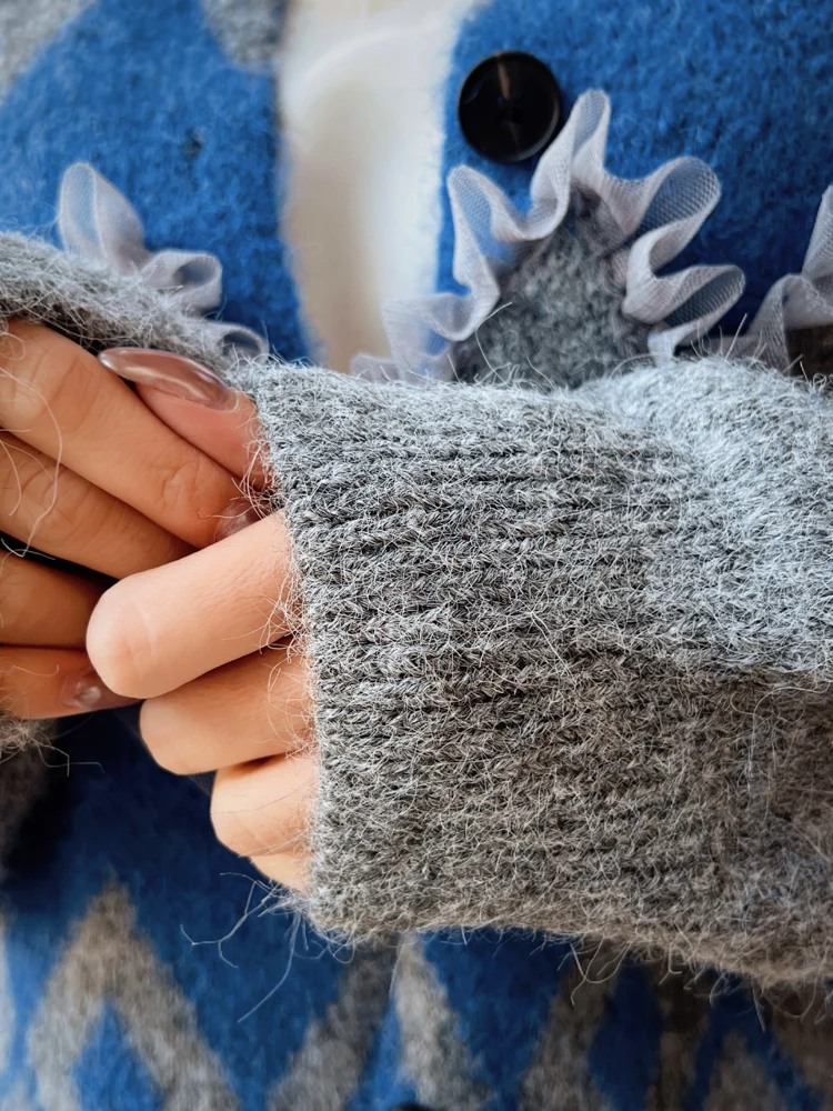 Elegancki francuski kardigan damski z dzianiny z niebieskimi kwiatami 3D, luźny, uniwersalny, swobodny sweter z długim rękawem, kurtka damska.