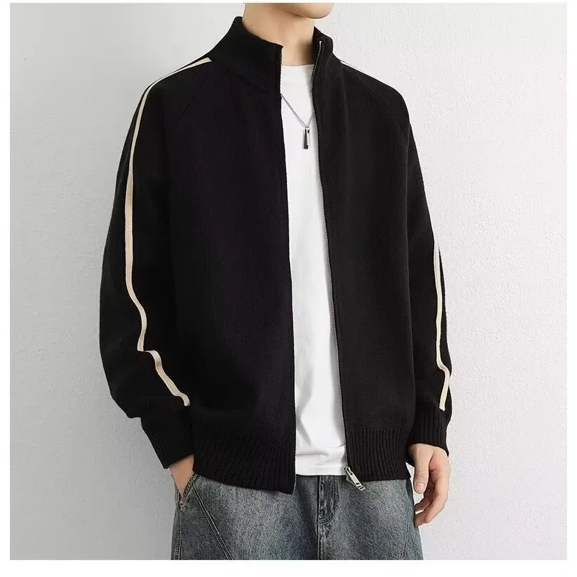 Cárdigan con cuello levantado, Chaqueta de punto con cremallera para hombre, primavera y otoño, nuevo estilo, chaqueta suéter de rejilla de diamantes de alta gama