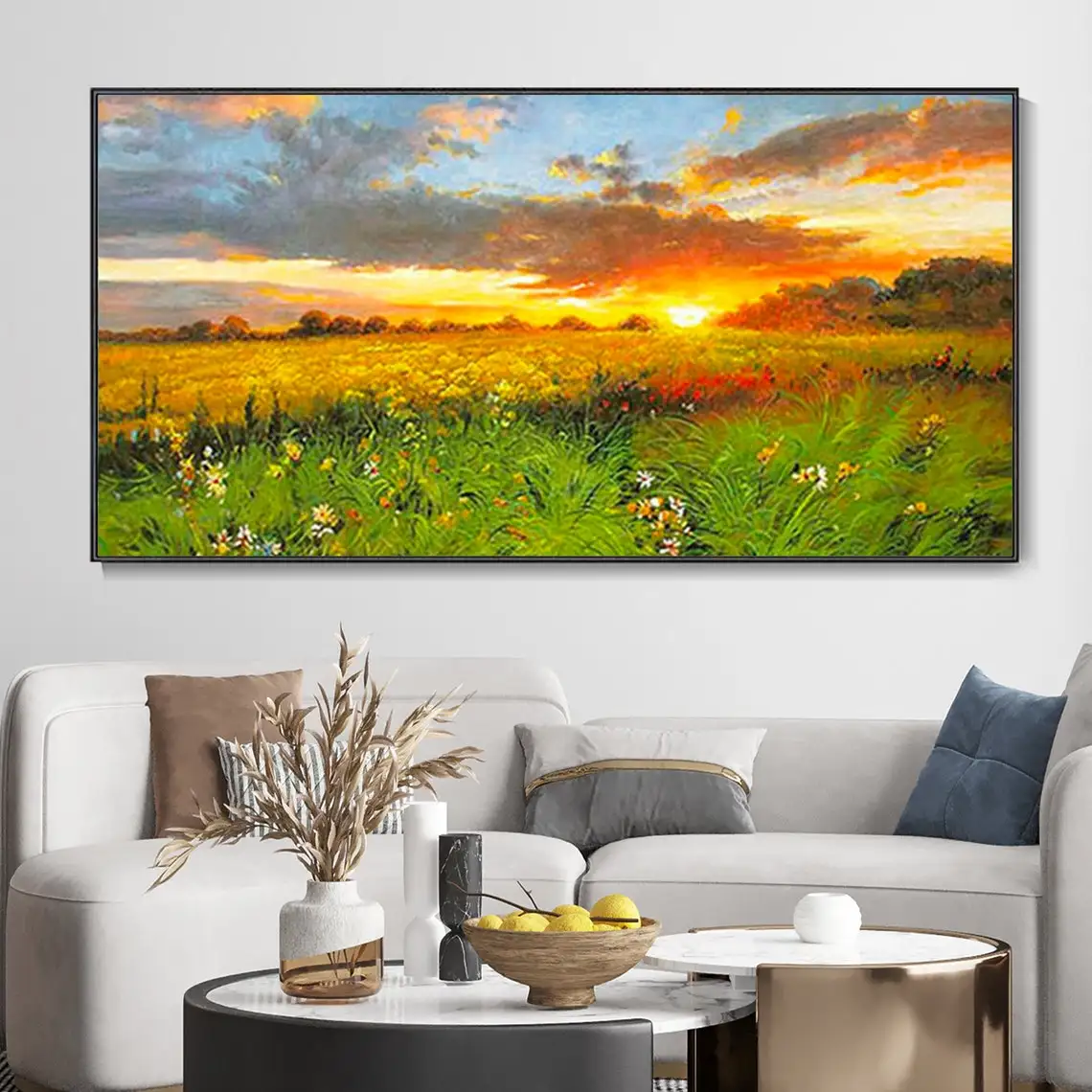 Green Meadow Landscape Wall Art Handmade Abstract Textured Oil Painting Living Room Sofa Large Wall Decor Sunrise Clouds Artwork