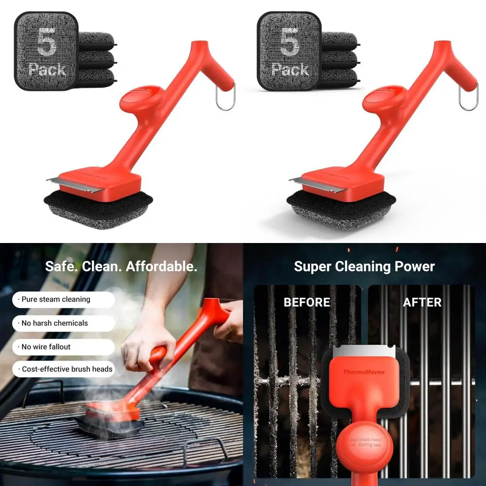 

17-Inch Safe Steam Grill Cleaning Brush with 5 Heads for Porcelain, Gas, and Charcoal Grills - Bristle-Free Outdoor BBQ Cleaner