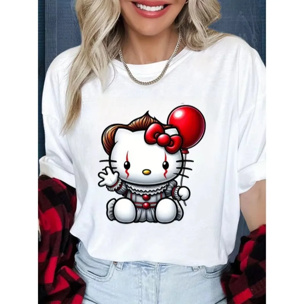 

MINISO Women Scary Cute Hello Kitty Clown Anime Print T-Shirt Halloween Party Horror Theme Event Casual Cotton Short Sleeve