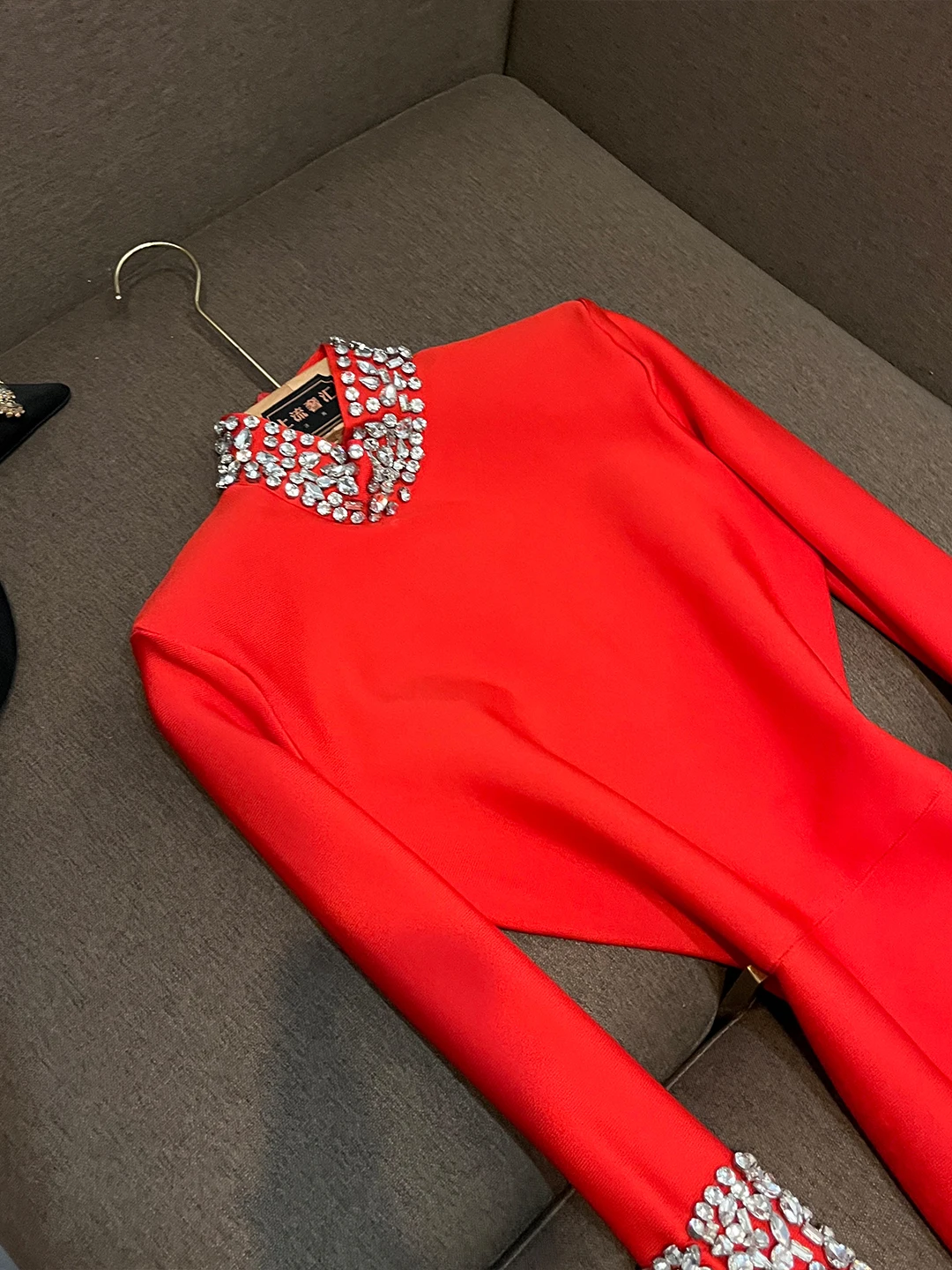 Ele Luxury Diamond Embellied Bodycon Dr Ele Par Dr Stand Collar Long Sve mid Waist Ci Commute