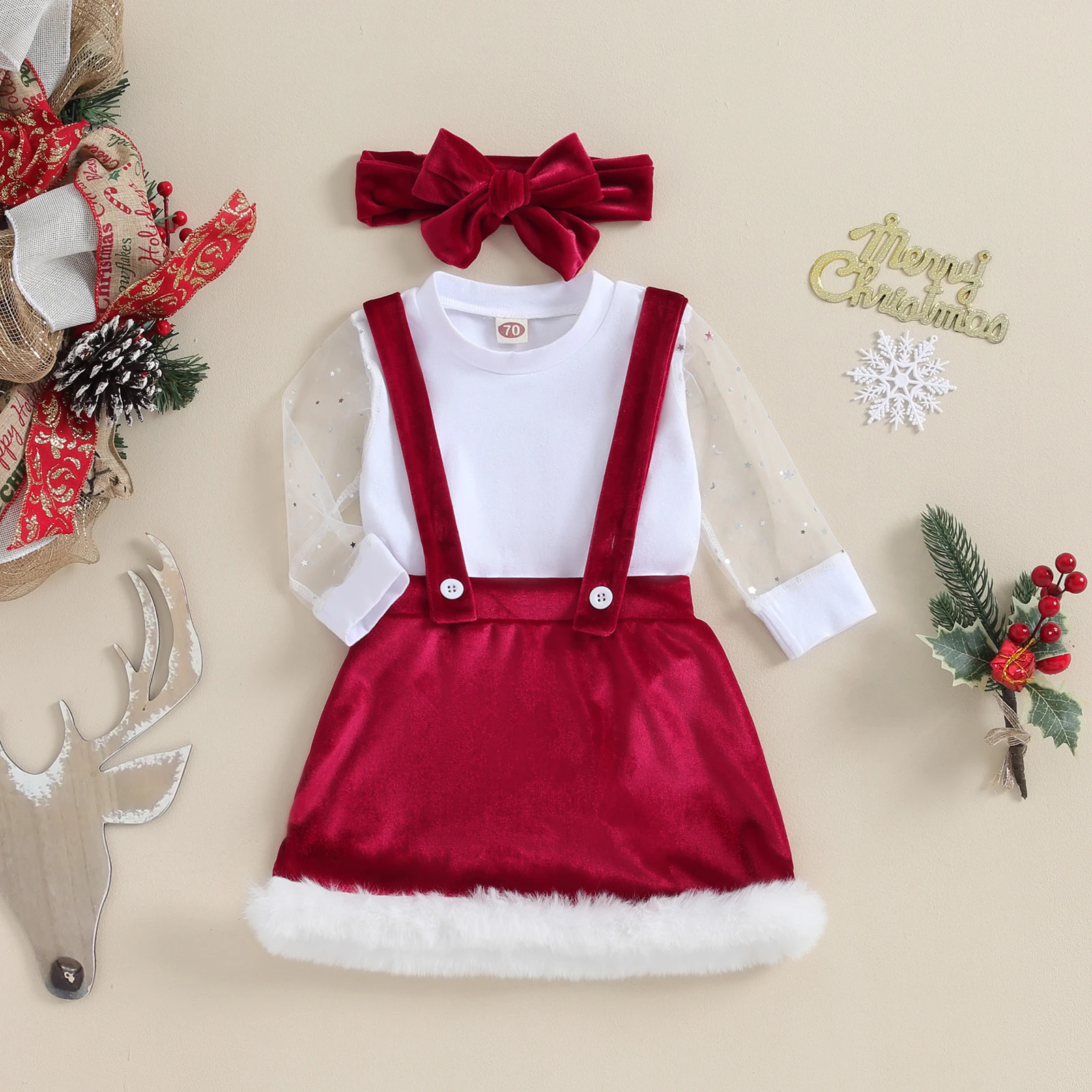 

BeQeuewll Infant Girl Christmas 3Pcs Outfit Sheer Long Sleeve Romper Velvet Suspender Skirt Bow Headband Set For 0-18 Months