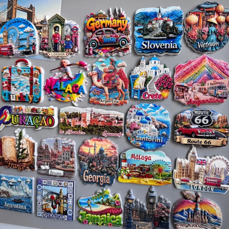Fridge magnets London Slovenia Vietnam Turkiye Malaga Argentina Santorini Granada Curacao France Bruges Georgia Porto Jamaica
