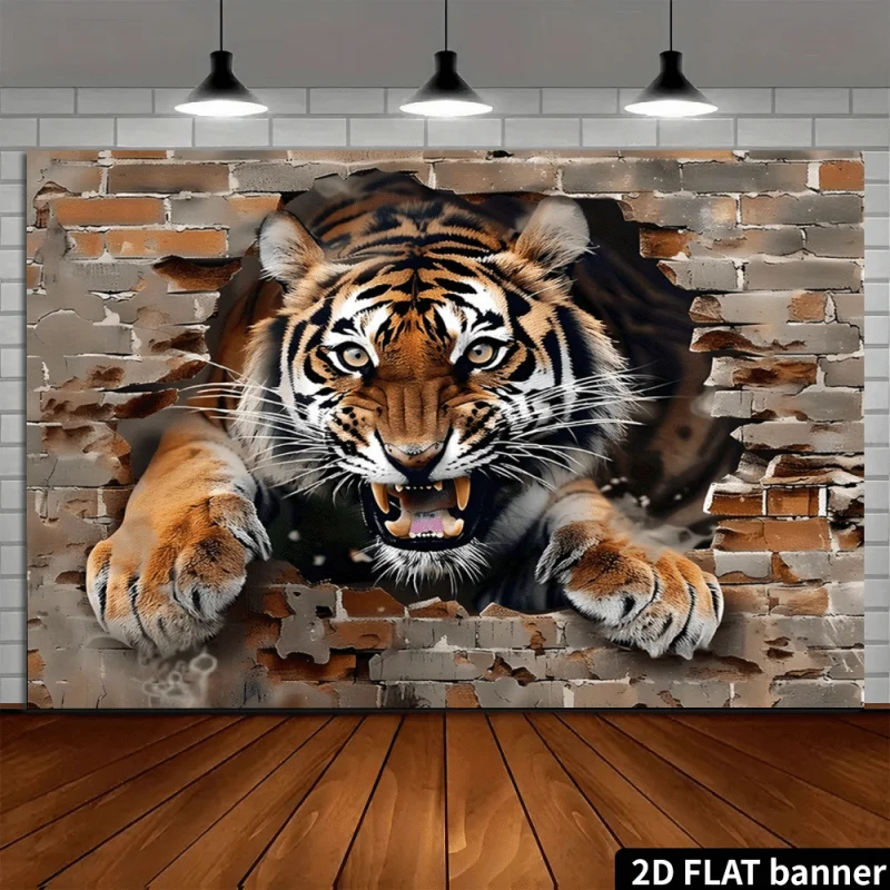 Realistic Roaring Tiger Tapestry Wall Decor Canvas Art Mural Jungle Wildlife Safari Print Rustic Brick Background Home DecorGift