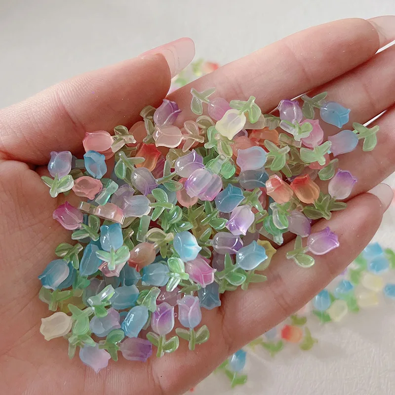 

3d Luminous Flowers Nail Art 50pcstwo-Color Gradient Tulip Nails Parts Korea Resin Flower Figures For Manicure Decoration Design