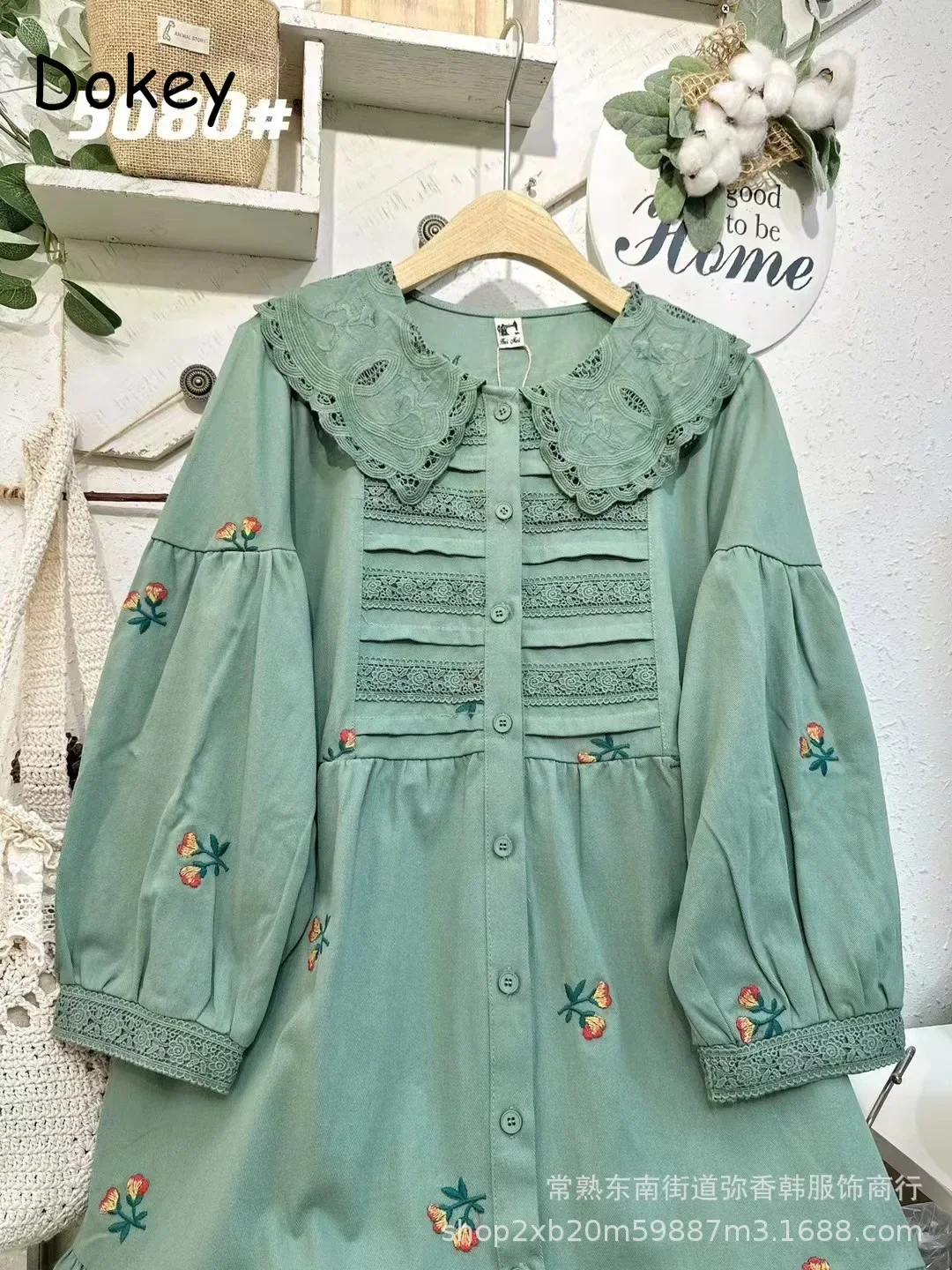 Vintage Embroidery Flower Cotton Dress Women Japanese Peter Pan Collar Single-breasted Long Sleeve Dress Loose Mori Girl Vestido