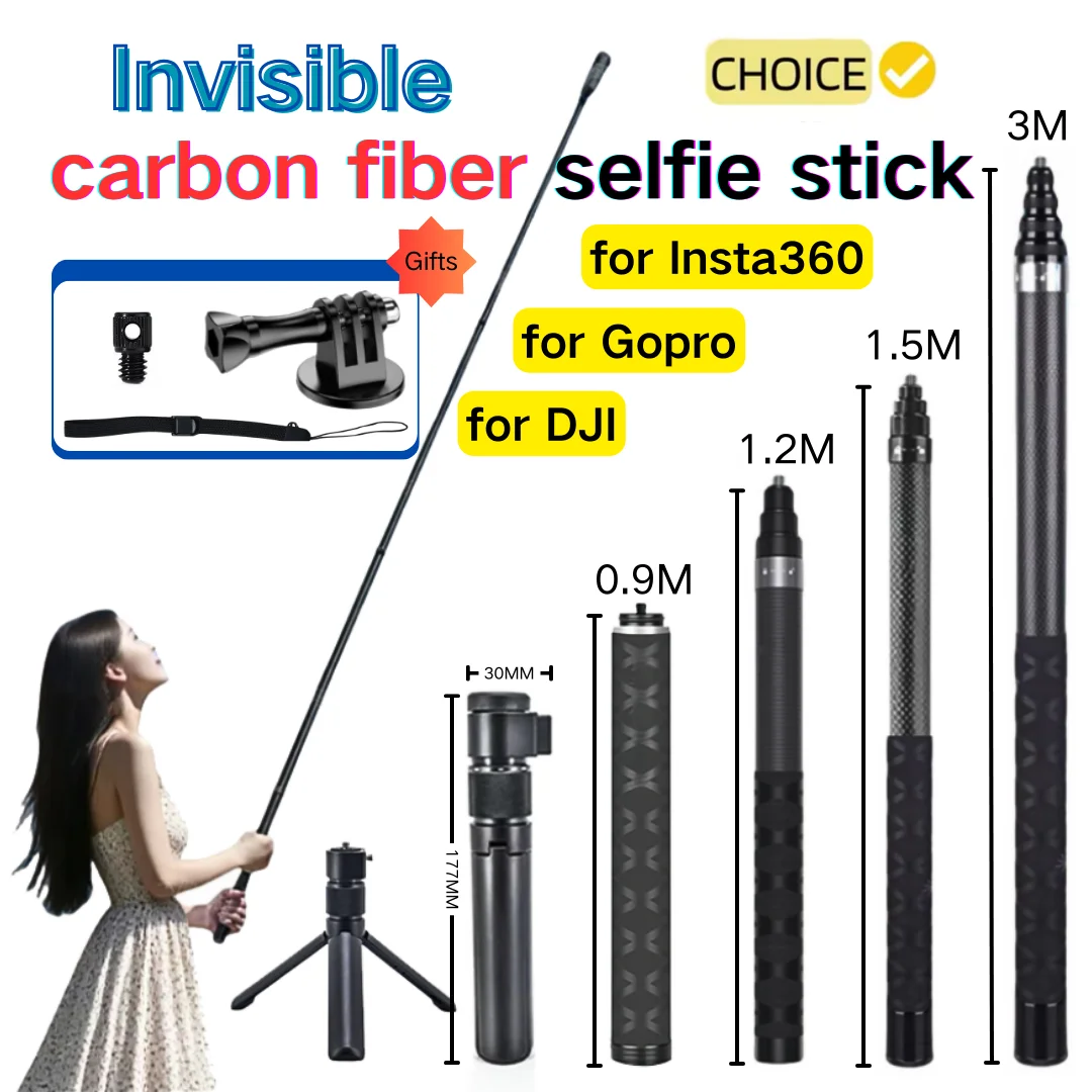 3M/1.2M Invisible Carbon Fibe Selfie Stick for DJI Osmo 360/Nano/Action 6 5 4 3/Insta360 X3/X5/X4/X4 Air Accessories Kit