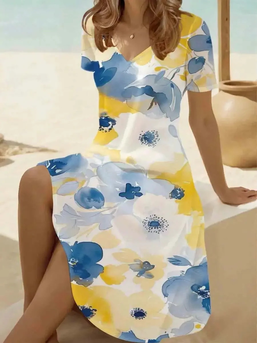 

Women Short Sleeve Floral Print Dress Yellow Blue Casual Summer Outfit