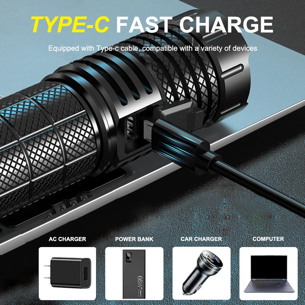 Tactical Flashlight High Lumens Battery Powered Type C 120W White LED Torch Lantern Emergency Camping Outdoor Flash Light