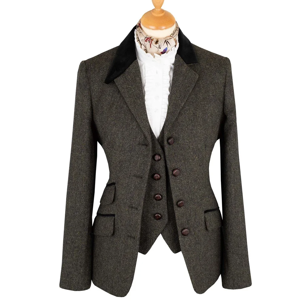 Womens Suits Women\'s Herringbone Three-piece Suit Casual Woman Set of Pants Woman Collar Black Velvet Stitching Ensemble Femmes