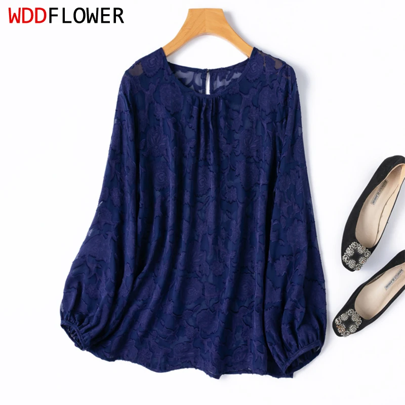 

100% Mulberry Silk Women Silk Blouse Half-transparent Navy Round Neck Lantern Long Sleeve Shirt Top Pullover M L XL M1272