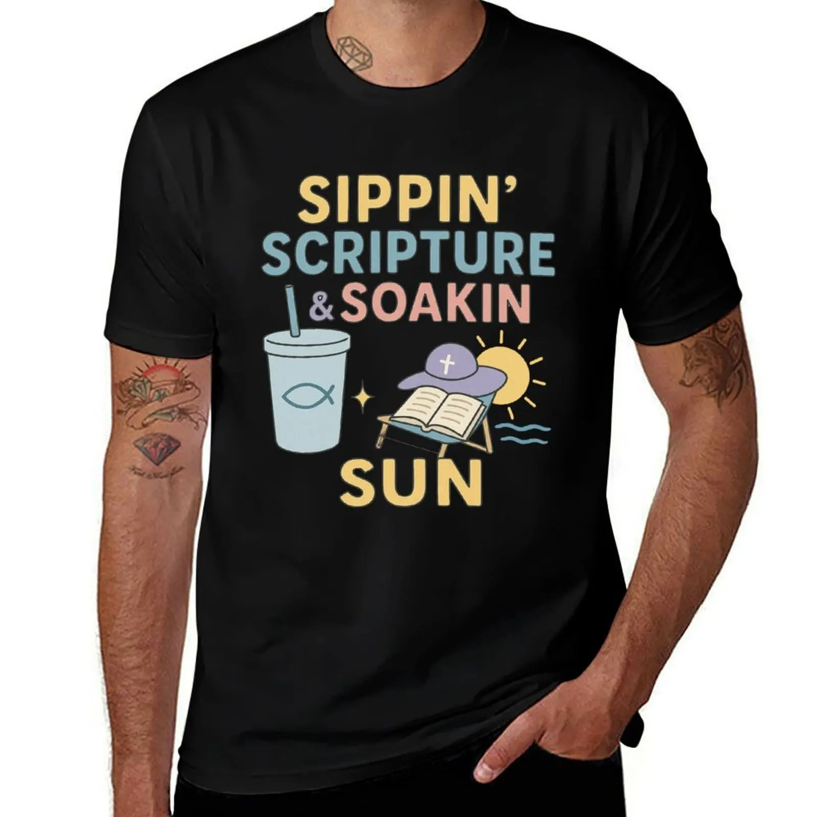 

Sippin’ Scripture & Soakin’ Sun – Christian Summer Faith Design T-Shirt man clothes cute tops kawaii clothes men clothes