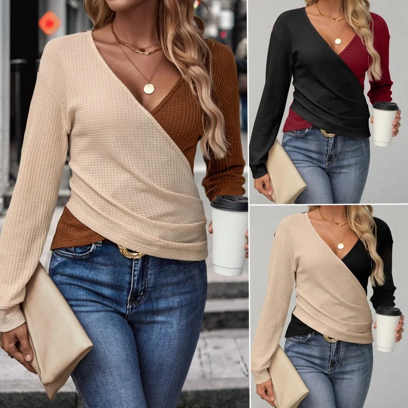 2024 New Summer Elegant Fashion High Waist Oversized Women's Clothing Loose Casual Solid Splicing V Neck Long Sleeve Chic Tops