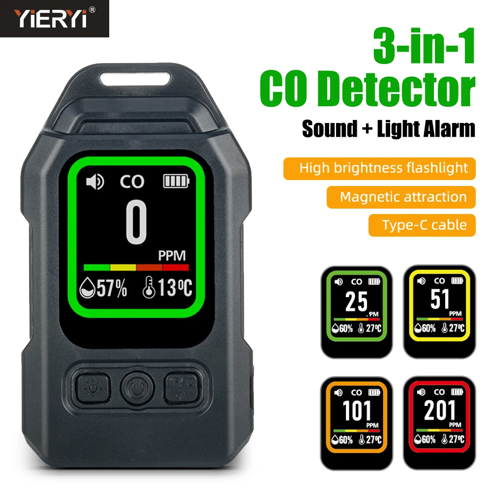 

Yieryi 3-in-1 CO Gas Leak Detector Carbon Monoxide Sensor with Alarm Flashlight Portable Temp Humidity Meter for Home Indoor Use