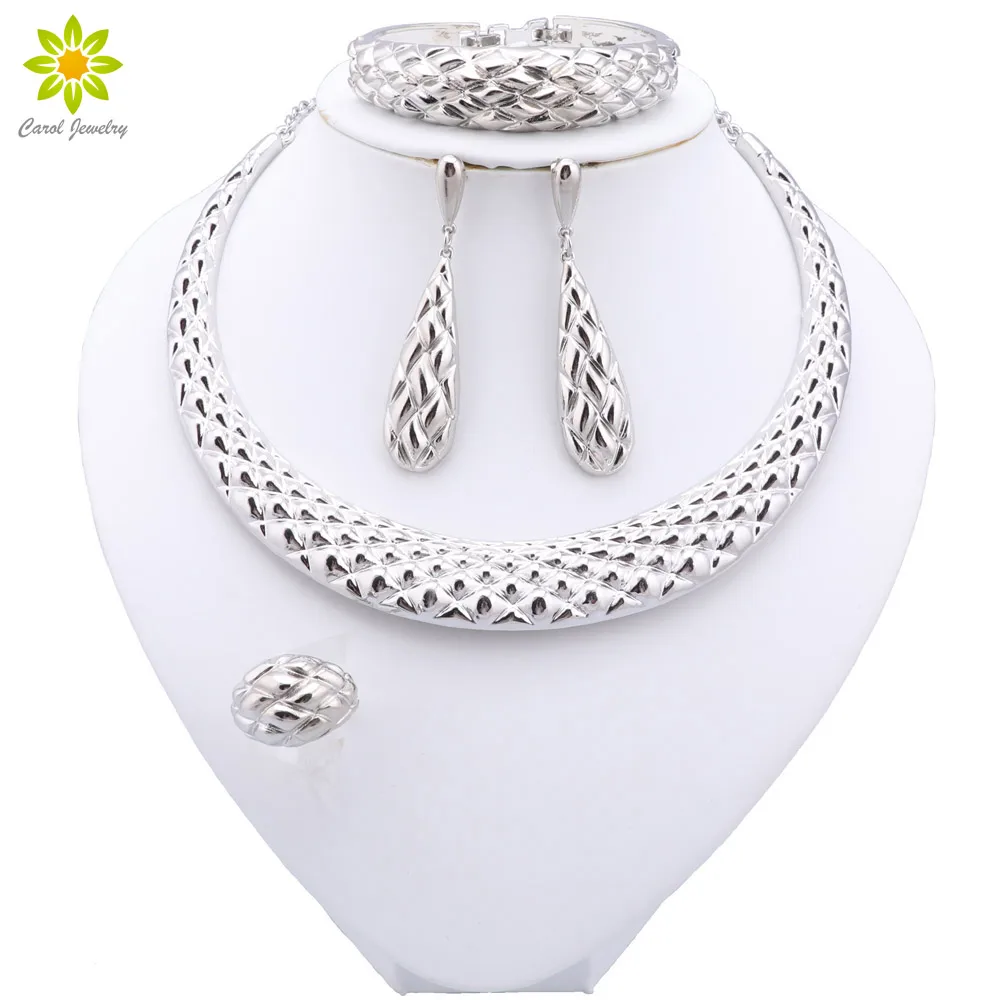 Women Gift African Bridal Wedding Gifts Jewelry Sets Silver Color Jewelry Set Dubai Necklace Bracelet Earrings Ring Set