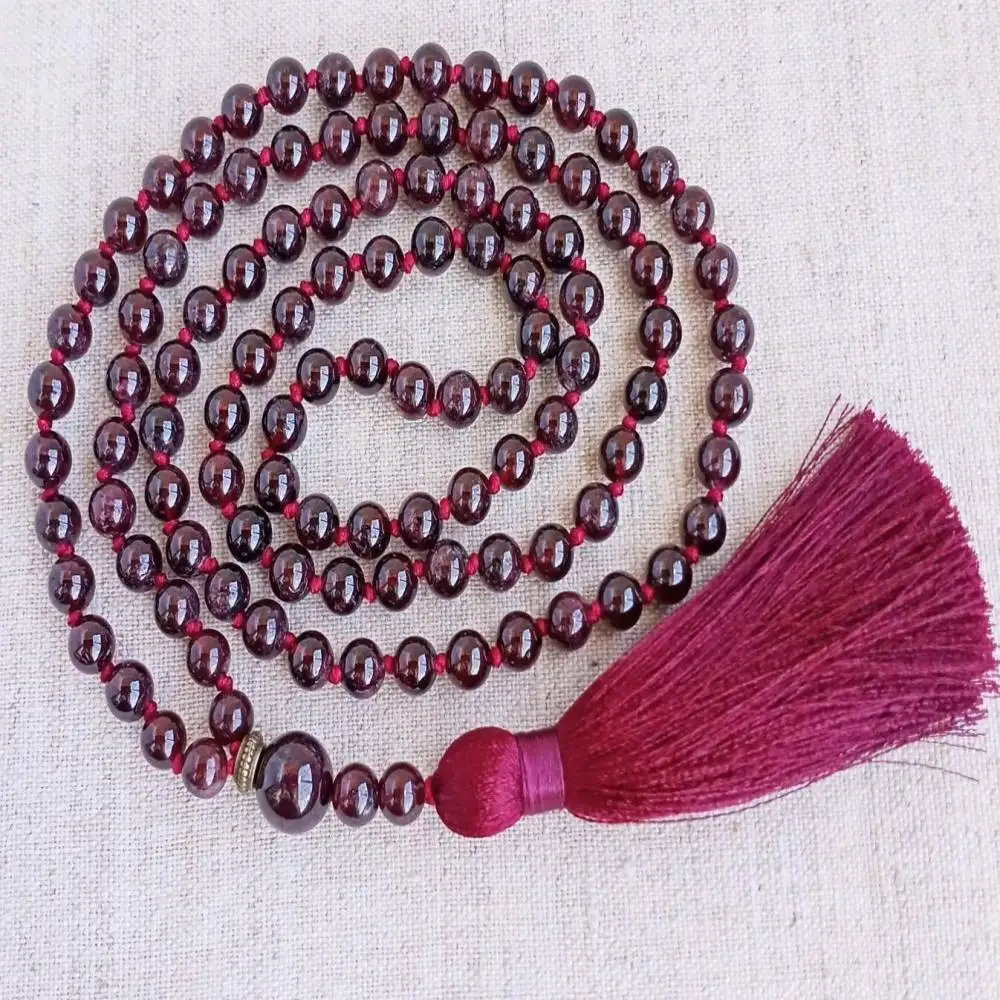 Natural Garnet 108 Beads Mala Necklace with Red Tassel Spiritual Meditation Jewelry
