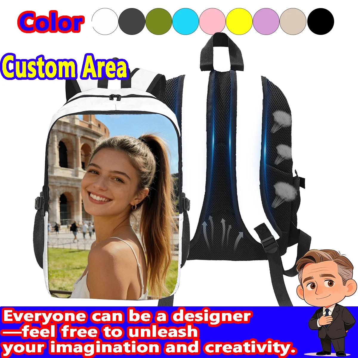 

Backpack, business laptop bag, simple design, customizable patterns, high quality, large capacity, souvenirs, gifts,