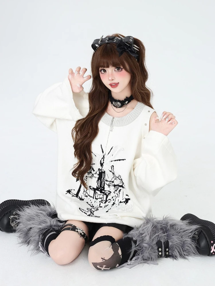 QWEEK Gothic Goth Grunge Harajuku Punk Sweater Y2k Coquette Oversize Knitted Zipper Off Shoulder Pullovers 2024 Autumn Fashion