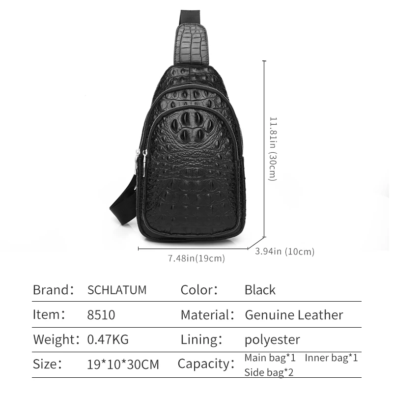 Мужская нагрудная сумка SCHLATUM 100% из воловьей кожи с крокодиловой текстурой, модная мужская черная Многофункциональная Кожаная нагрудная сумка