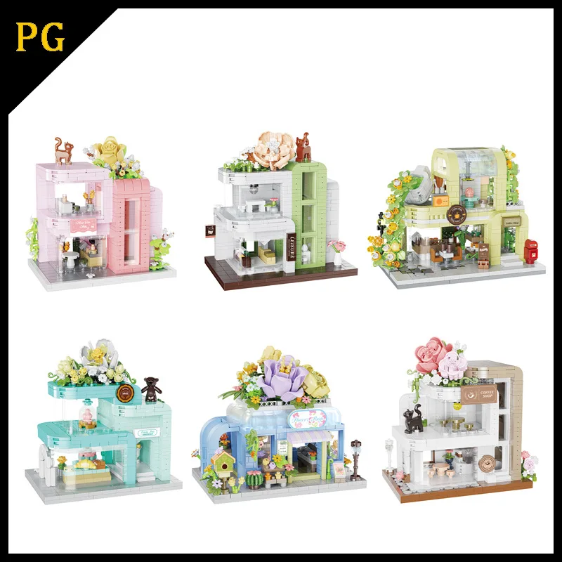 Idée Nanobrick Street View fleuriste café Micro bloc de diamant magasin de fleurs café maison Architecture construction brique jouet pour cadeaux