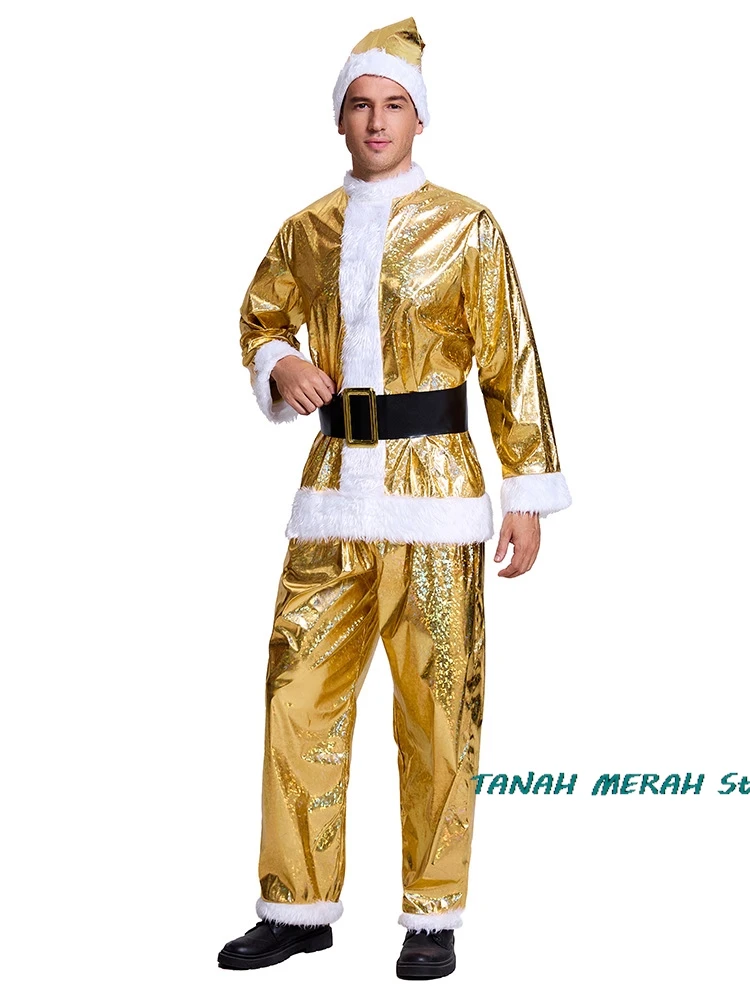 Gold Christmas Santa Claus Costume Men Gold Beard Top Cloth Pants Hat Belt Beard Halloween Dress Up Suit Cosplay Festival Outfit