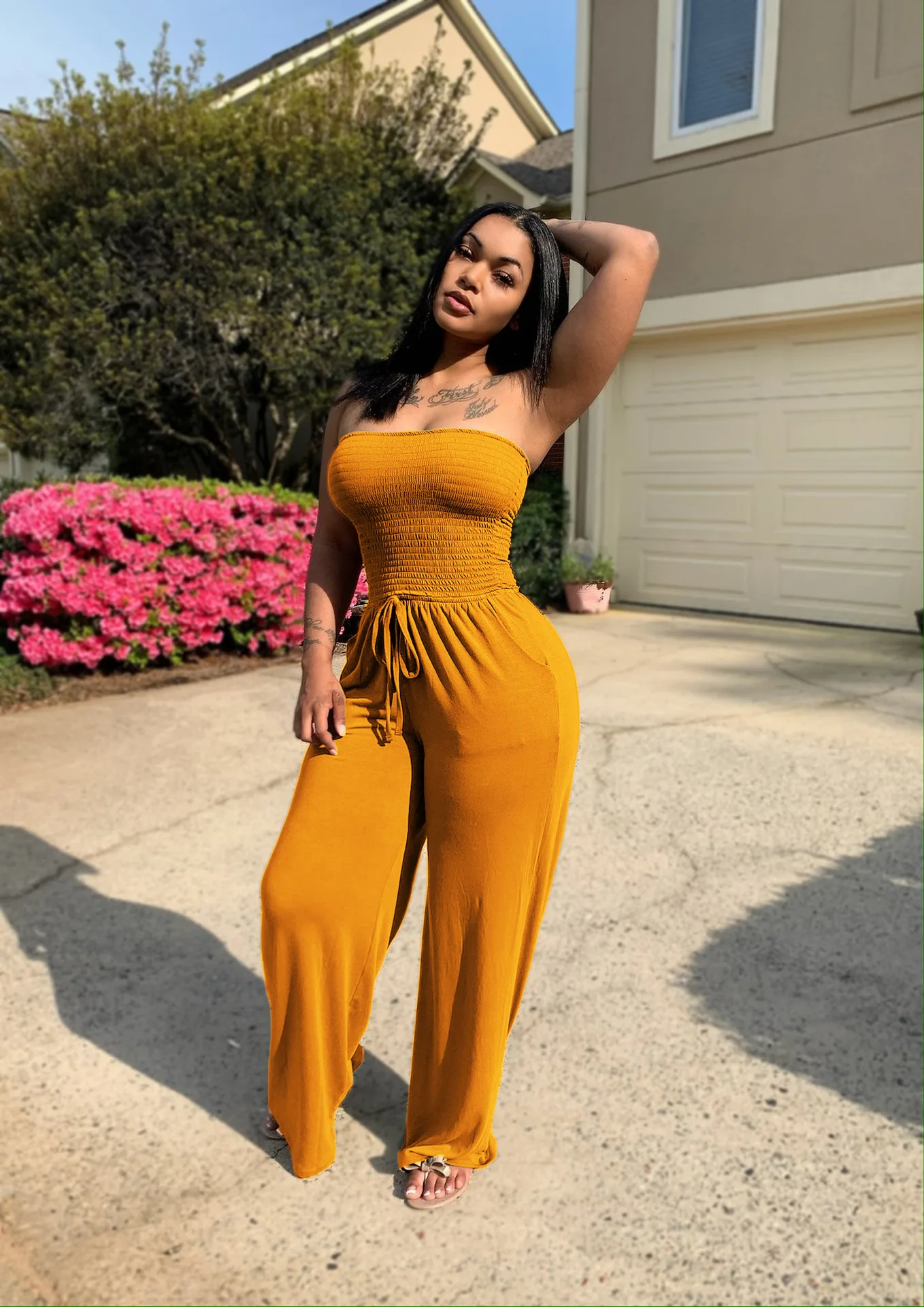 Sister Star Women's Summer Sexy Comfortable Casual Solid Color Smocked Worn Wide Leg Pants Stereoscopic Cropped Jumpsuit