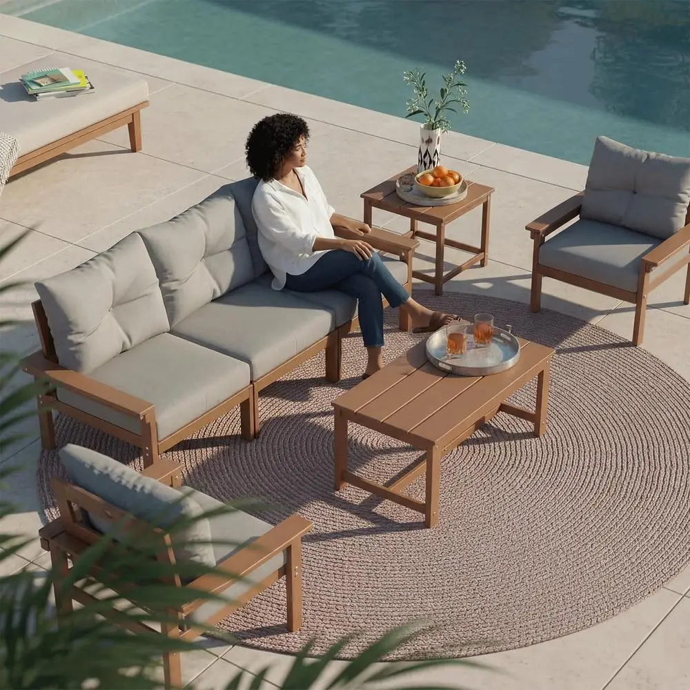

7-Piece Grey Cushioned Patio Furniture Set with Coffee and Side Tables, Suitable for Outdoor, Balcony, Porch, and Poolside