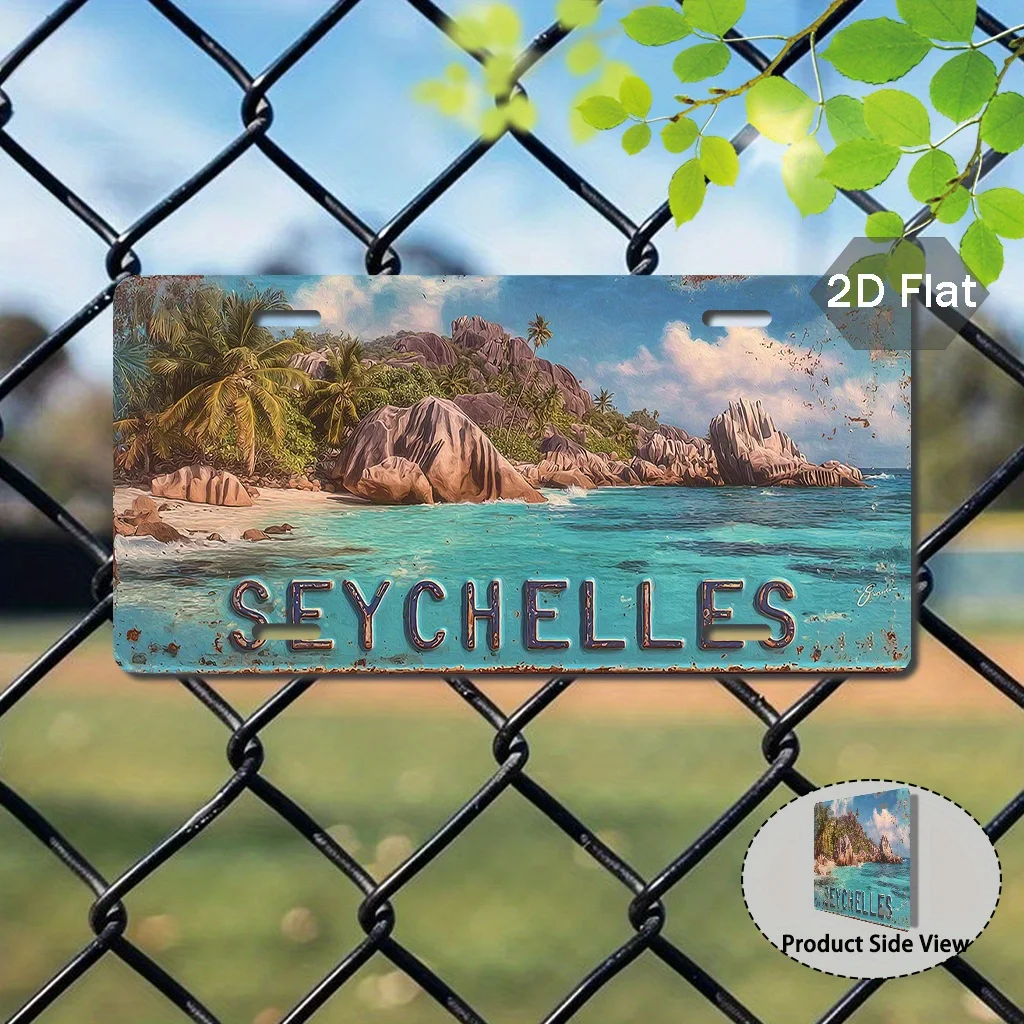 2D Flat, 1pc Vintage Seychelles Metal Sign - Tropical Island Wall Decor with Blue Sea & Rock Coastline - Large 29.97X14.99cm - D
